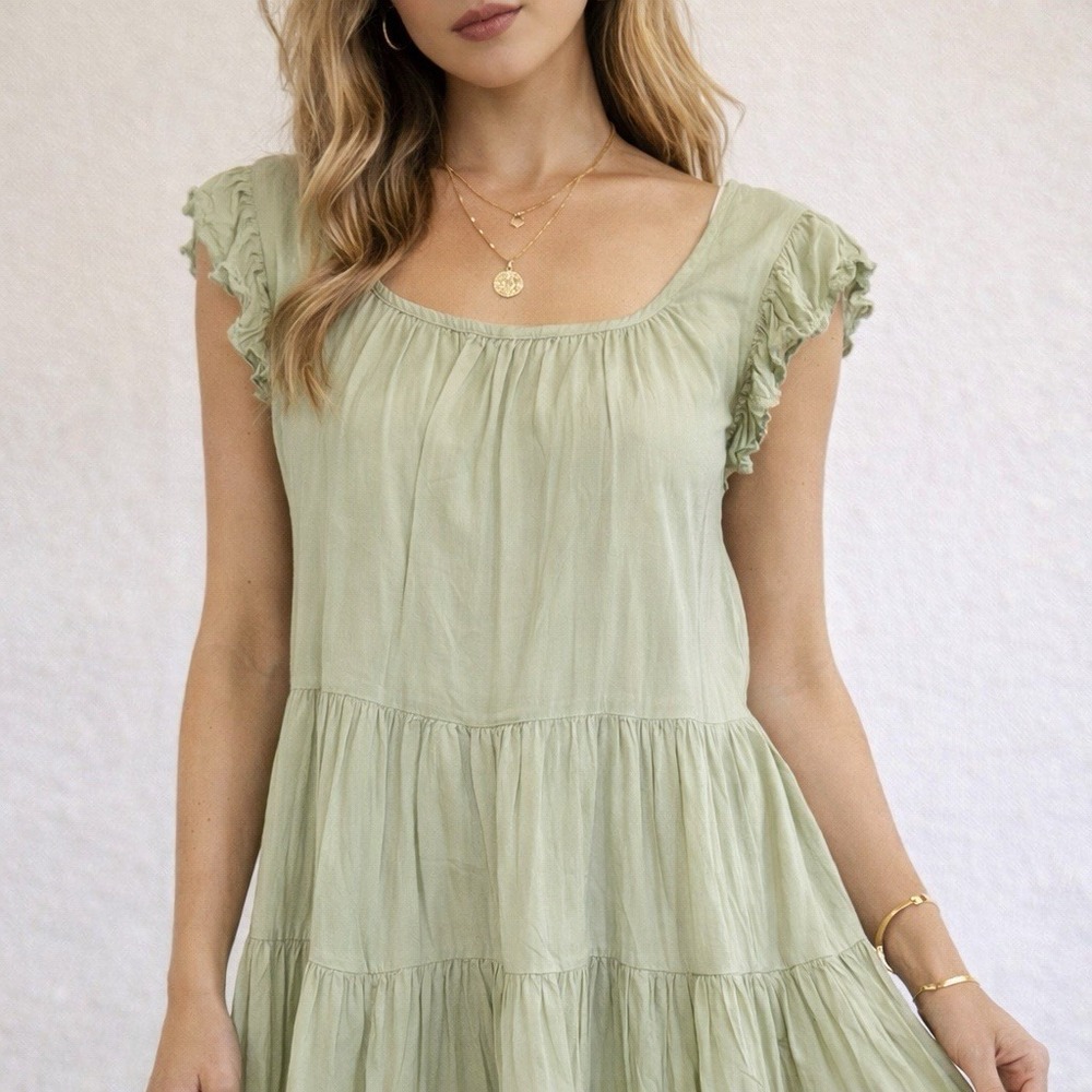 Aritzia Wilfred Sidonie Mini Dress L Sage Green Tiered Ruffle Sleeve Boho Hippie